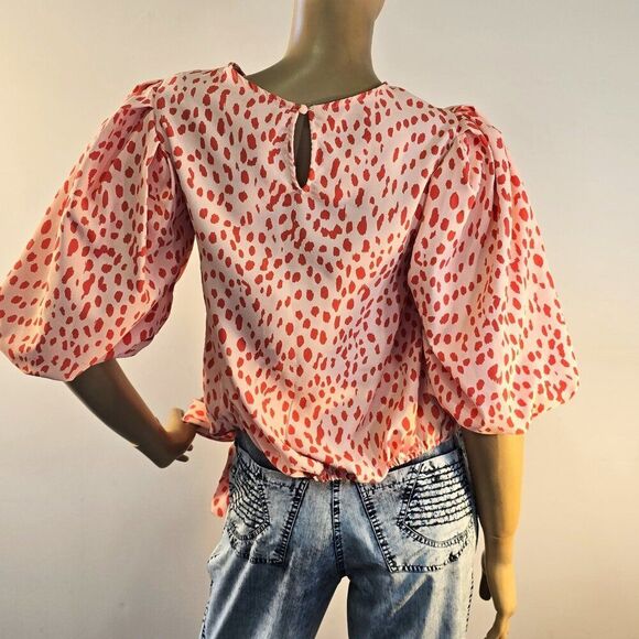 VINCE CAMUTO Animal Print Puff Sleeve Tangerine Blouse Sash Tie Womens Sz XS - Picture 4 of 11
